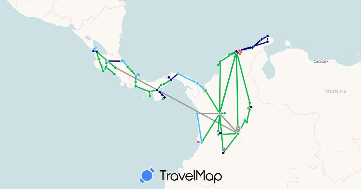 TravelMap itinerary: driving, bus, plane, cycling, hiking, boat, motorbike in Colombia, Costa Rica, Nicaragua, Panama (North America, South America)